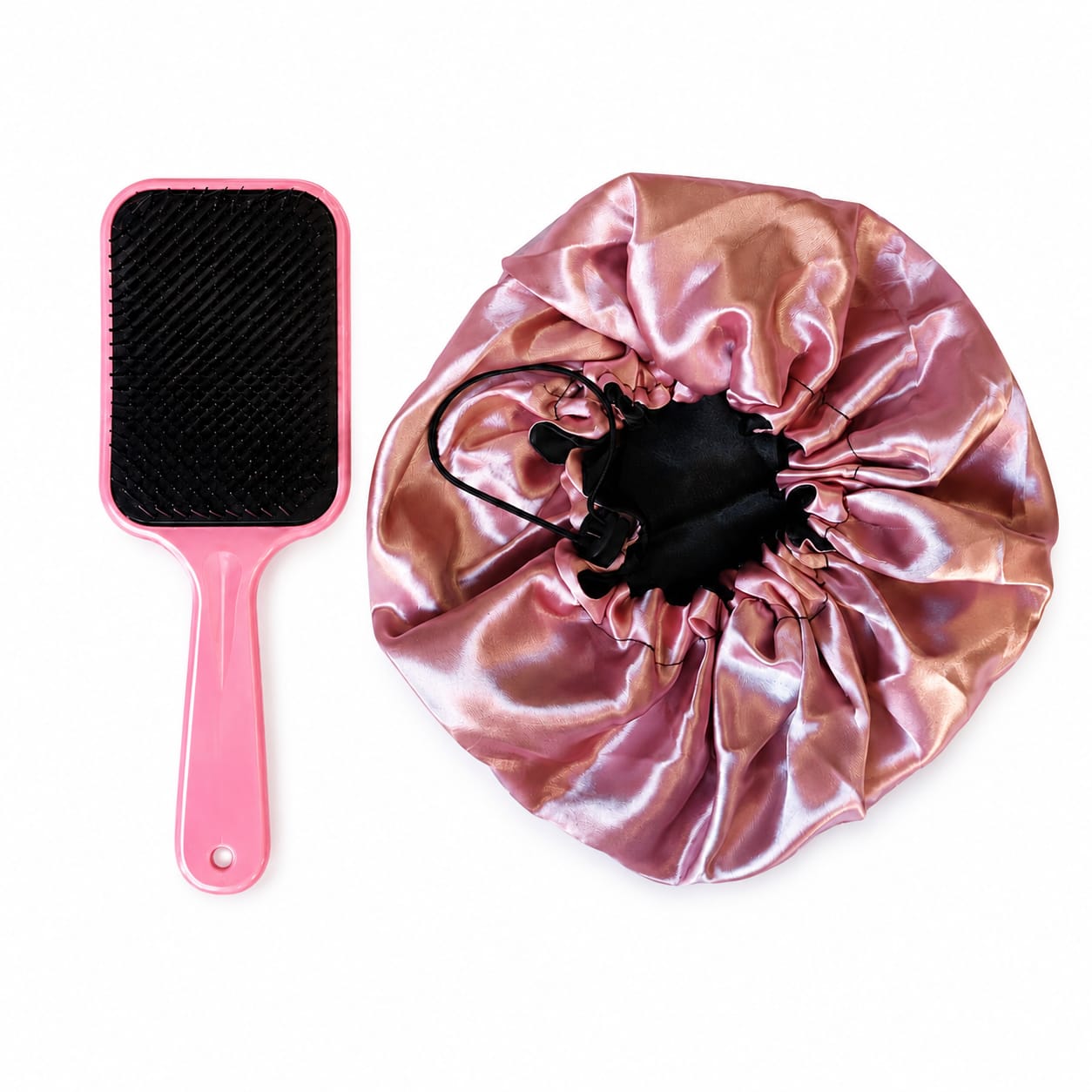Kit Cuidados com o Cabelo: Touca de Cetim Regulável + Escova Raquete (cores sortidas)